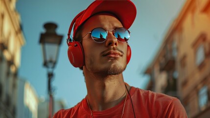 Stylist handsome young man in red hat, sunglasses and red t-shirt wearing headphones. AI generate