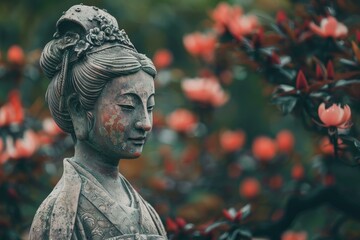 Fototapeta premium Profile of a weathered stone statue amidst vibrant red flowers, evoking serenity