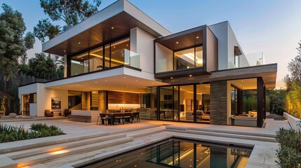 photo of smart home with a sleek, modern design.  Elegant Modern Home Exterior at Night. Luxurious modern home exterior with poolside lighting at night.