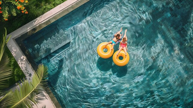 Two people mom and child relaxing on donut lilo in the pool at private villa Summer holiday idyllic High view from above : Generative AI