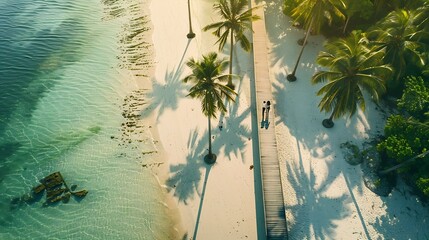 Koh Kham Trat Thailand aerial view of the tropical island near Koh Mak Thailand white sandy beach with palm trees couple men and women walking on a wooden boardwalk : Generative AI