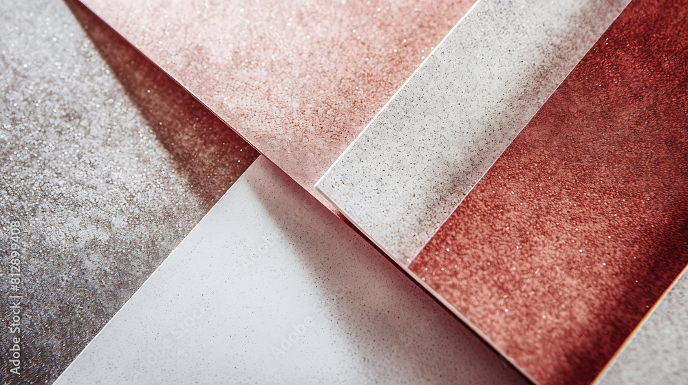 Aufkleber from above layout of pastel glitter cardboard sheets in brown white red and grey shiny shades : gene