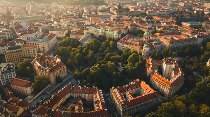 This drone photo offers an expansive aerial view of Pragues urban landscape showcasing the citys residential and commercial areas interspersed with greenery The image highlights the ci : Generative AI
