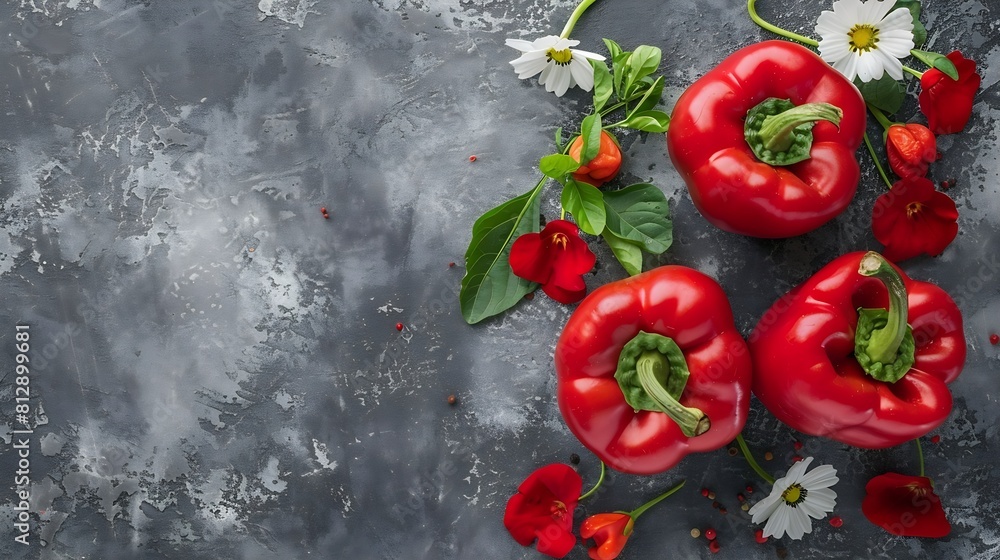 Poster red pepper with leaf and flower color card on gray background food healthy eating and dieting concep