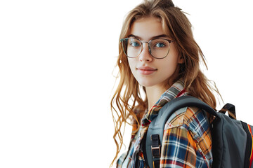 Obraz premium Pretty cute girl dressed stylish clothes going to university on isolated transparent background