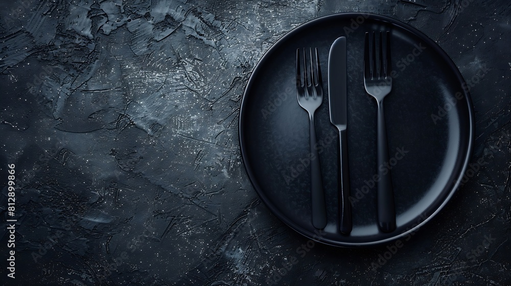 Aufkleber black empty plate and cutlery fork and knife on a dark textured background Mockup concept for the design of a restaurant menu website or design long panoramic layout central compositio : Generative AI