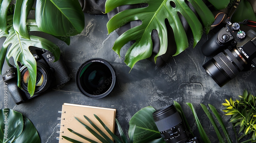 Leinwandbilder Hipster flatlay with camera keyboard lens monstera leaves notebook and binocular on grey table Dark working space top view Creative work table for photographer traveller blogger : Generative AI