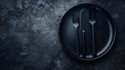 black empty plate and cutlery fork and knife on a dark textured background Mockup concept for the design of a restaurant menu website or design long panoramic layout central compositio : Generative AI