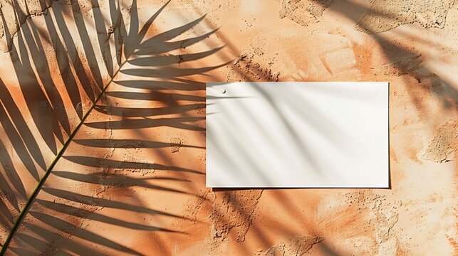 Summer modern sunlight stationery mockup scene Flat lay top view blank greeting card with palm leaf and branches shadow overlay on grunge terracotta background : Generative AI