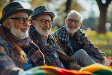 Fototapeta premium Group of elderly LGBT friends enjoying a picnic on a sunny day, smiling and sharing stories. AI generated.