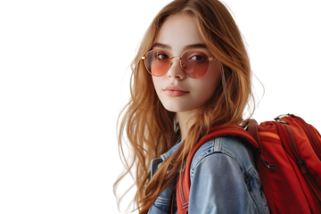 Pretty cute girl dressed stylish clothes going to university on isolated transparent background