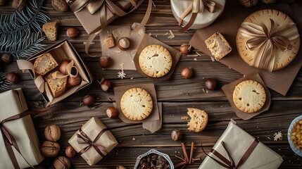 Fototapeta premium Top view of layout of sweet shortbread round shaped cookies with hazelnuts arranged with wrapping paper and ribbons on wooden table : Generative AI