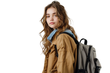 Pretty cute girl dressed stylish clothes going to university on isolated transparent background