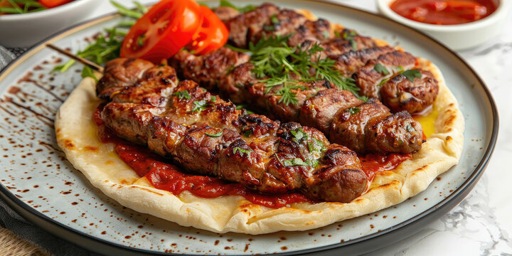 Kebab served on a white marble background, Layers of thinly sliced lamb meat over pita bread, topped with tomato sauce and melted butter, Traditional Turkish dish