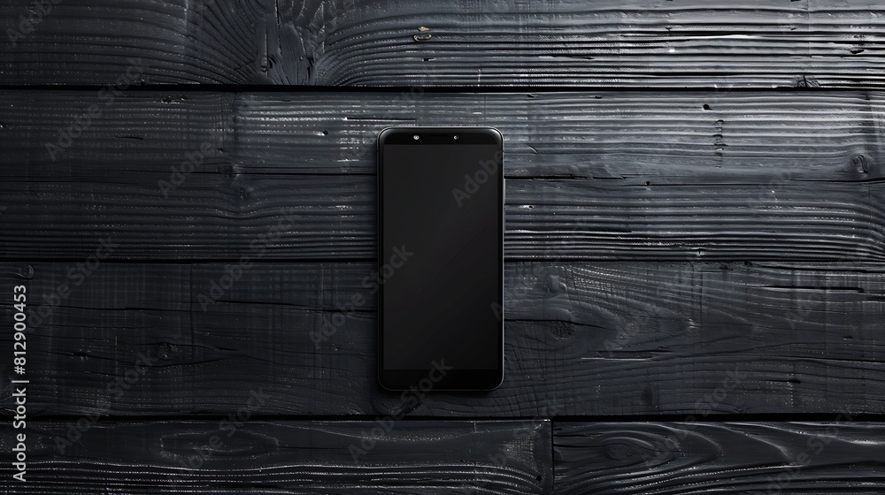 Aufkleber mock up smart phone on black wooden background top view copy space and blank screen for your adverti