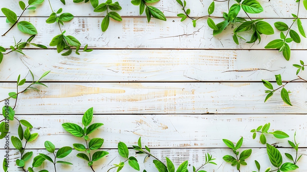 Aufkleber Old white wooden background with green leaves top view copy space Spring twigs on shabby background frame flat lay : Generative AI