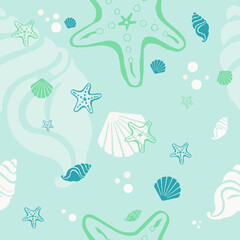 Beach shells and stars seamless pattern. Summer holidays background.