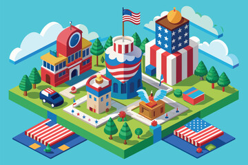 Fototapeta premium Isometric illustration of a colorful town with a flag on top, celebrating Fourth of July, 4th of july Customizable Isometric Illustration