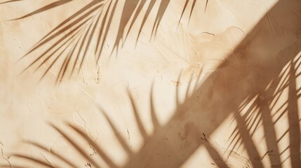 Minimal product placement background with palm shadow on beige plaster wall Luxury summer...