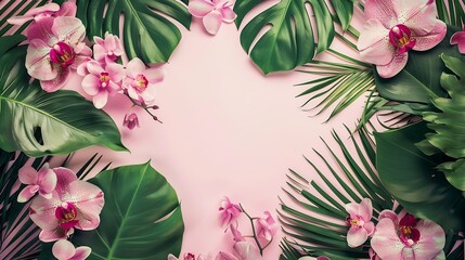 Tropical layout made with exotic palm leaves and vibrant fresh orchid flowers Creative spring or...