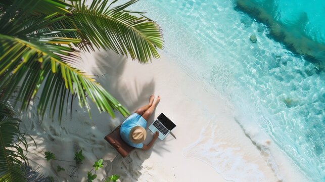 Woman freelancer work in tropics Blogger Working remotely on the laptop computer through the internet Working while travelling Summer vacation in Seychelles Top view white Sand beach : Generative AI