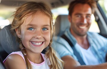 A young girl is smiling at the camera while her father drives
