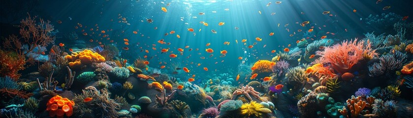 Fototapeta na wymiar Clear underwater scene with vibrant digital marine life showcasing hitech oceanography