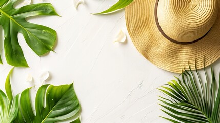 Summer composition Tropical leaves dress hat on white background Summer concept Flat lay top view copy space : Generative AI - Powered by Adobe