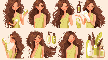 Hair care set - cartoon woman in towel before and a