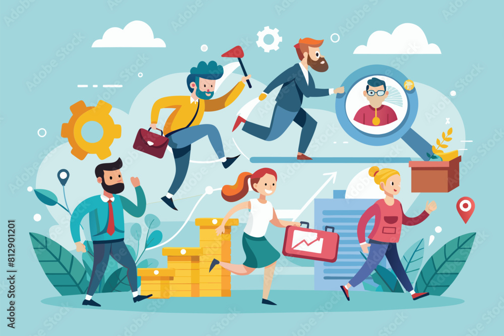 Poster multiple individuals running energetically around a large stack of cash in a customizable cartoon il