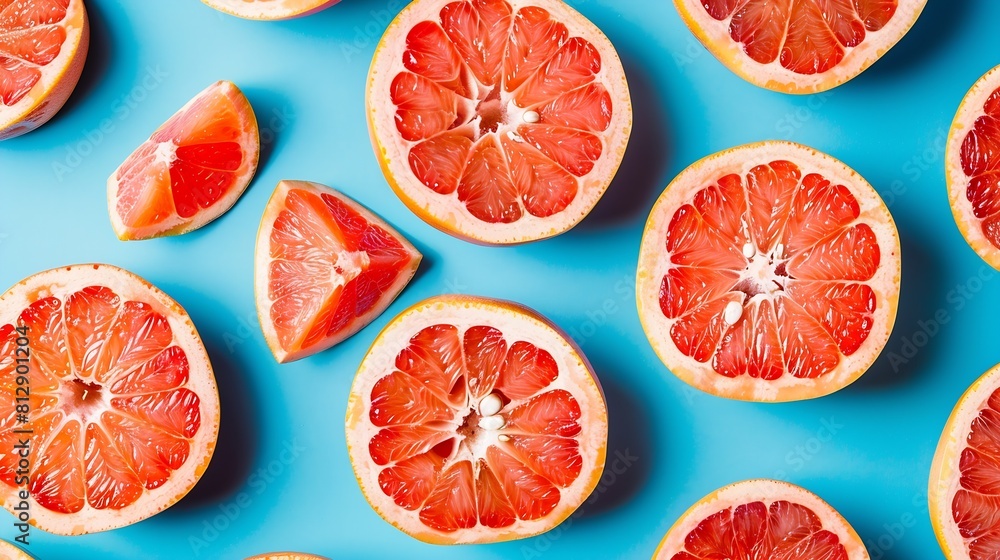 Aufkleber Colorful fruit pattern of fresh grapefruit slices on blue background From top view : Generative AI