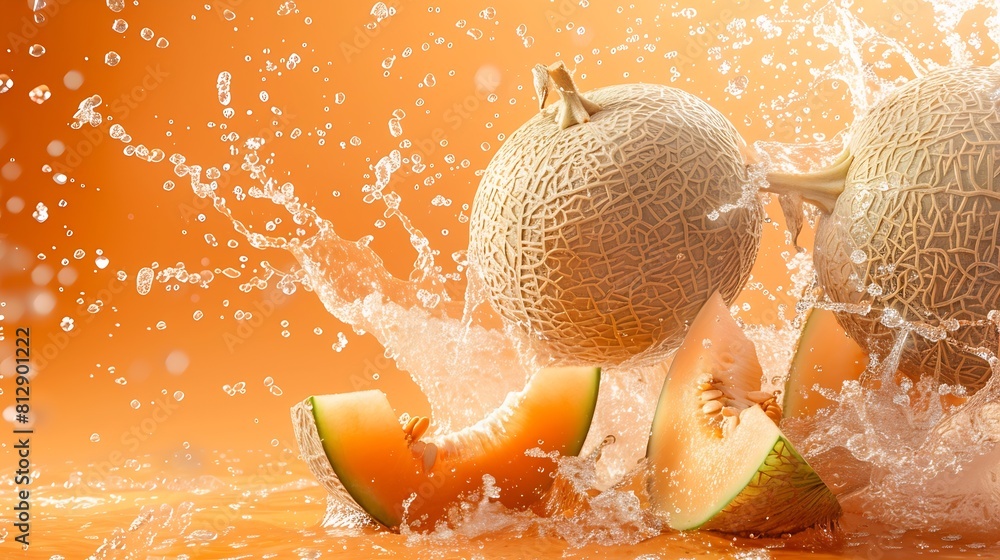 Poster creative layout made from whole and slice of orange japanese melons or cantaloupe melon and water sp