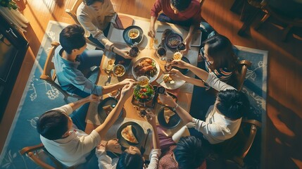 Top view Group of Happy Asian people friends enjoy celebration dinner party sharing and eating food...