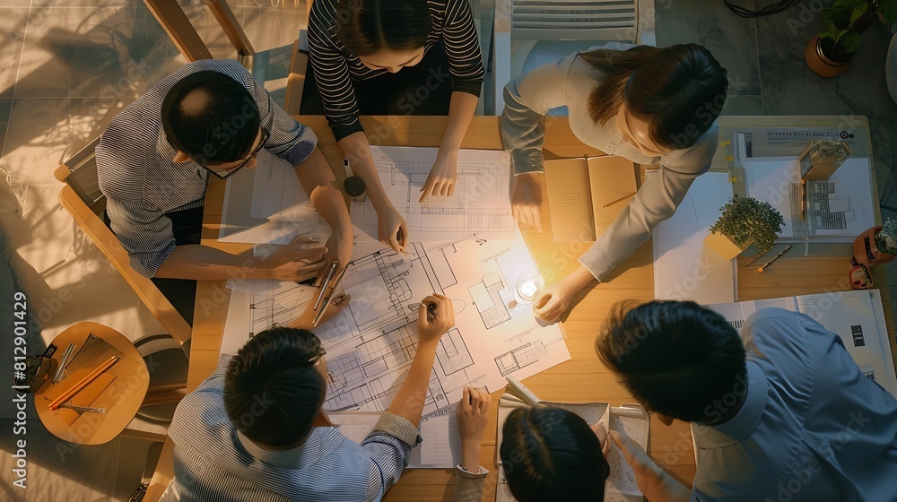 Poster top view of group of smart asian architect interior design team consulting with constrction engineer work brainstrom  meeting with house project blueprint and home mockup in house reno : Generative AI