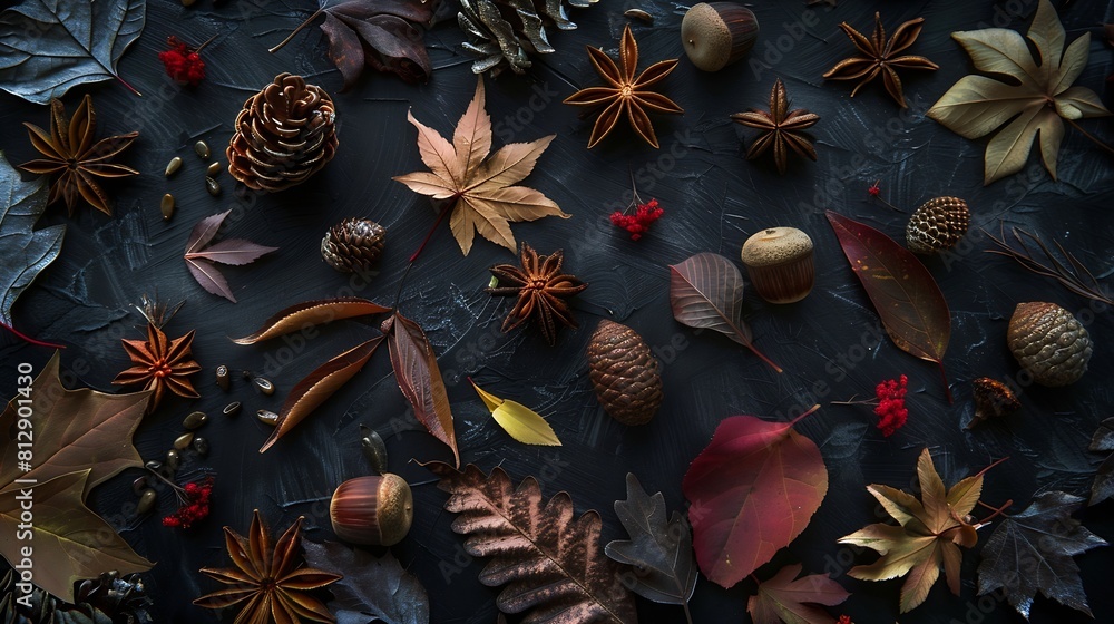 Poster autumn composition autumn flowers and leaves acorn pine cone anise star flat lay top view copy space