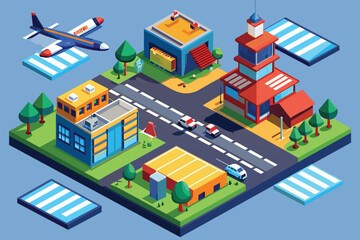 A plane flies over a small town with buildings and roads visible below, Airport runway Customizable Isometric Illustration
