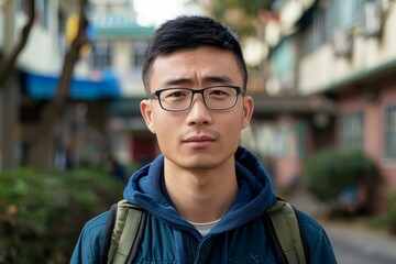 Closeup of a pensive young asian man wearing eyeglasses and a blue jacket, standing outdoors