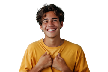 Young smile guy hands touch chest heart thankful grateful on isolated transparent background