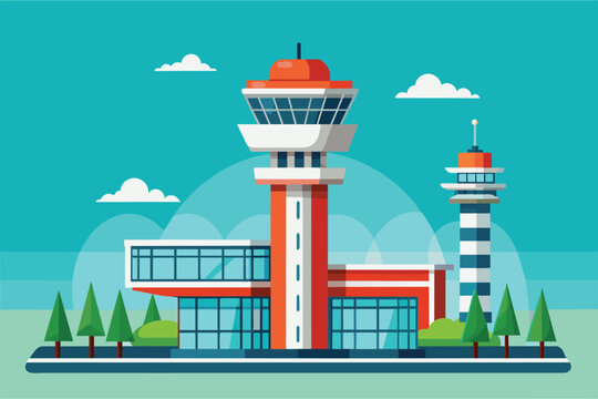 An airport building with a tower standing in the background under a clear sky, Airport tower Customizable Flat Illustration