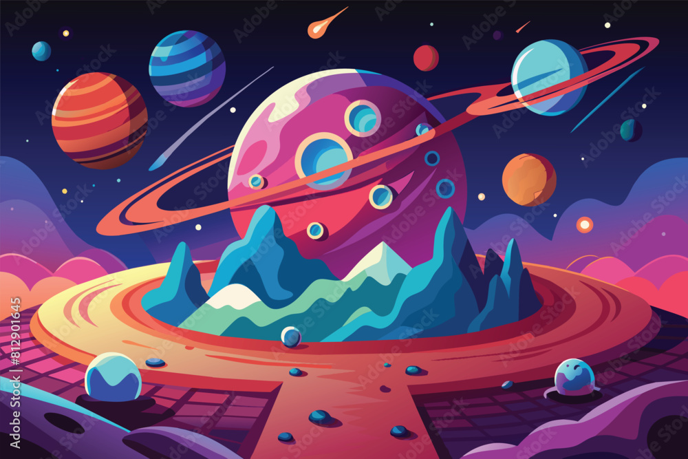 Poster illustration of an alien landscape with multiple planets visible in the background, alien planet cus