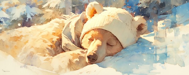 A cute watercolor painting of a bear wearing a hat and scarf, sleeping peacefully in the snow