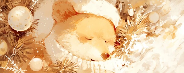 A cute puppy wearing a Santa hat is sleeping under a Christmas tree. The puppy is surrounded by presents and ornaments. The puppy is dreaming of sugarplums.
