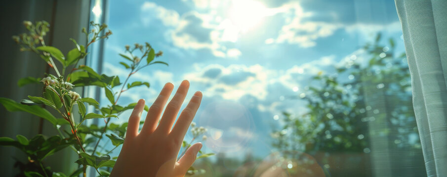 Hand Touching the Sun Through the Window - Powered by Adobe