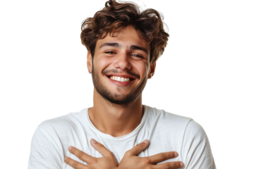 Young smile guy hands touch chest heart thankful grateful on isolated transparent background