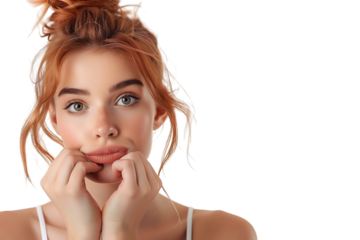 Portrait of nervous minded pretty lady biting finger nail look interested on transparent background