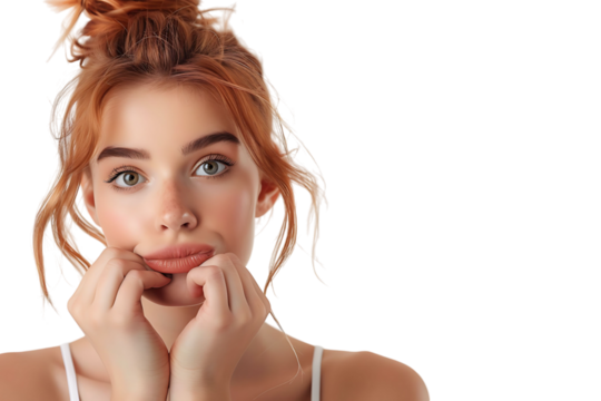 Portrait of nervous minded pretty lady biting finger nail look interested on transparent background