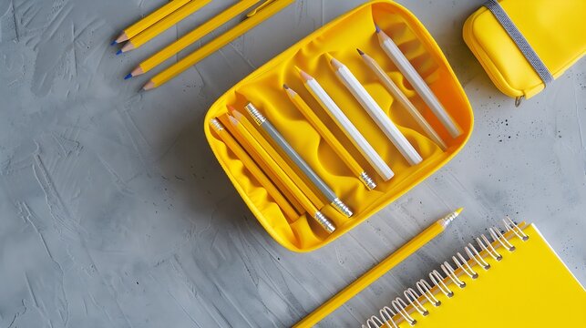 Back to school concept Yellow school pencil case with filling school stationery notebook pens pencils Yellow school accessories on grey background Flat lay top view copy space : Generative AI