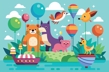 Obraz premium Animals are floating on water with balloons in a customizable flat illustration, Animals floating with balloons Customizable Flat Illustration