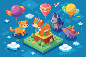 Multiple animals standing together on a grassy field, Animals floating with balloons Customizable Isometric Illustration