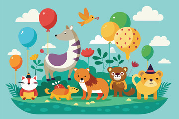 Obraz premium Group of various animals standing together in a grassy field, Animals floating with balloons Customizable Flat Illustration